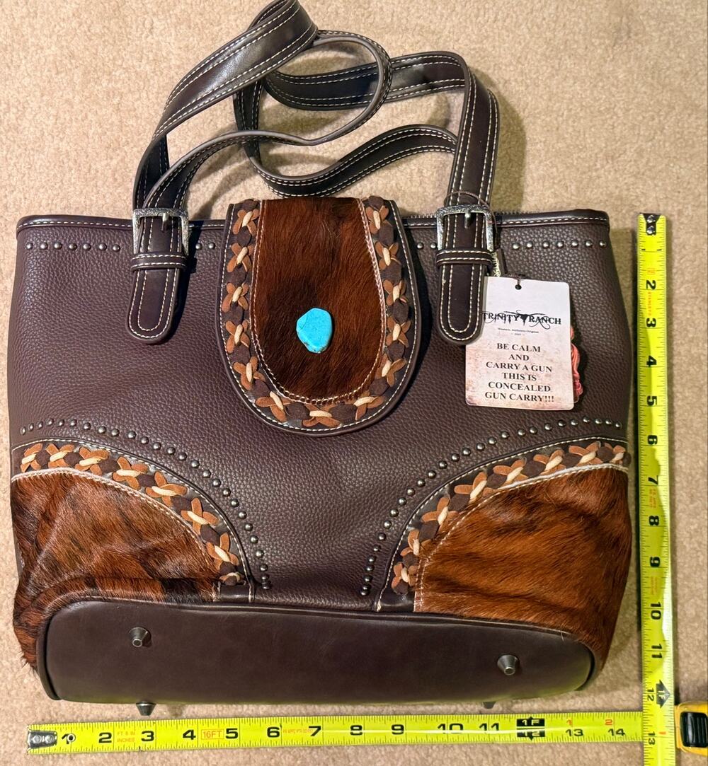 Trinity Ranch Concealed Carry Handbag Brown Leather Cowhide Turquoise Tote Purse